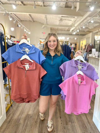 Candy Pink Polish & Poise Scuba Half Zip Short Sleeve Shorts Sets - Everyday EDEN Boutique & Gifts