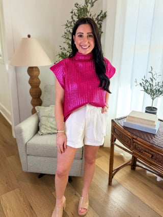 Candy Pink Radiant Luxe Metallic Mock Neck Sweater Vest - Everyday EDEN Boutique & Gifts
