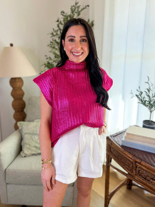 Candy Pink Radiant Luxe Metallic Mock Neck Sweater Vest - Everyday EDEN Boutique & Gifts