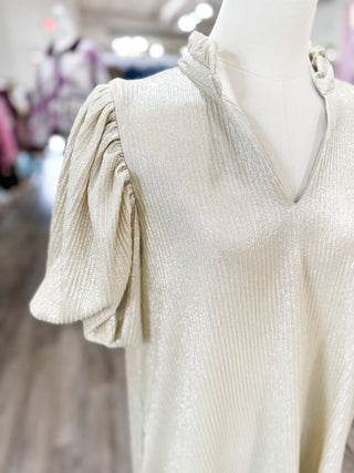 Champagne Chic Ruffle V Neck Puff Sleeve Mini Dress - Everyday EDEN Boutique & Gifts