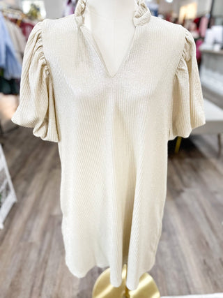 Champagne Chic Ruffle V Neck Puff Sleeve Mini Dress - Everyday EDEN Boutique & Gifts