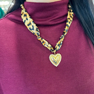 Cheetah Print Knotted Scarf Necklace W/ Pearl & Gold Heart Charm - Everyday EDEN Boutique & Gifts
