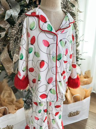 Christmas Lights Print Pajama Set W/ Red Furry Trim - Everyday EDEN Boutique & Gifts