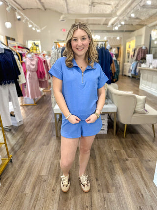 Cornflower Blue Polish & Poise Scuba Half Zip Short Sleeve Shorts Sets - Everyday EDEN Boutique & Gifts