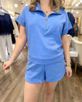 Cornflower Blue Polish & Poise Scuba Half Zip Short Sleeve Shorts Sets - Everyday EDEN Boutique & Gifts