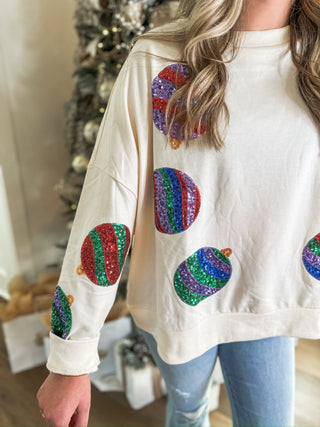 Cream Decked in Sequins Christmas Ornament Oversized Sweatshirt - Everyday EDEN Boutique & Gifts