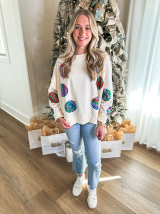 Cream Decked in Sequins Christmas Ornament Oversized Sweatshirt - Everyday EDEN Boutique & Gifts
