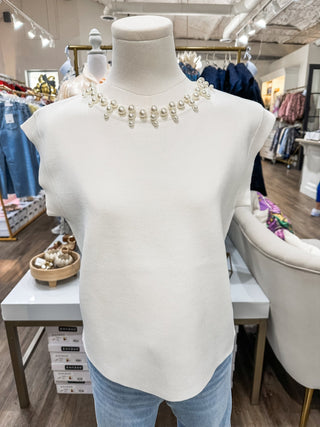 Cream Pearl Jeweled Neck Trim Top - Everyday EDEN Boutique & Gifts