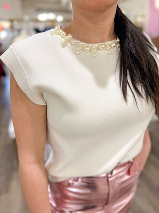 Cream Pearl Jeweled Neck Trim Top - Everyday EDEN Boutique & Gifts