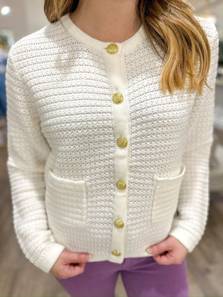 Cream Textured Knit Gold Button Detail Cardigan - Everyday EDEN Boutique & Gifts