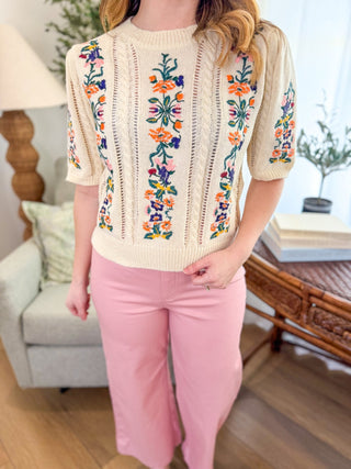 Cream Wildflower Lane Short Sleeve Sweater - Everyday EDEN Boutique & Gifts