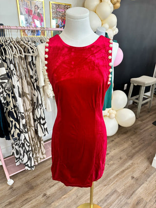 Elegant Entrance Scarlet Velvet Pearl Sleeve Dress - Everyday EDEN Boutique & Gifts