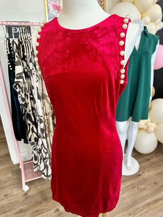 Elegant Entrance Scarlet Velvet Pearl Sleeve Dress - Everyday EDEN Boutique & Gifts