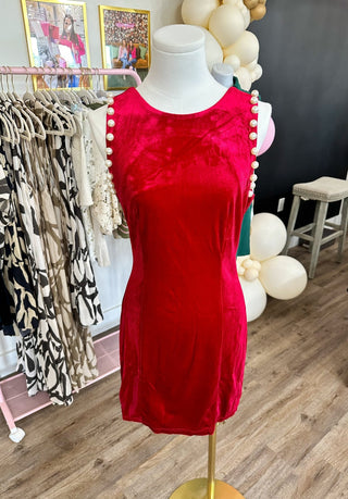 Elegant Entrance Scarlet Velvet Pearl Sleeve Dress - Everyday EDEN Boutique & Gifts