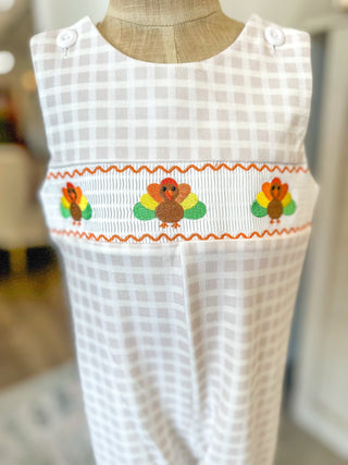 Fall Thanksgiving Apricot Plaid Turkey Embroidery Smocking Boys Romper - Everyday EDEN Boutique & Gifts