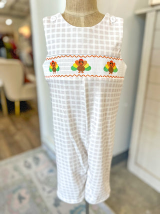 Fall Thanksgiving Apricot Plaid Turkey Embroidery Smocking Boys Romper - Everyday EDEN Boutique & Gifts