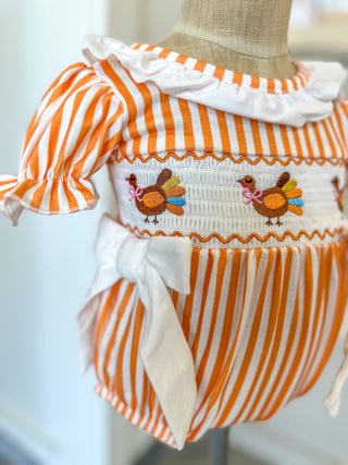 Fall Thanksgiving Chicken Smock Embroidered Orange Stripes Baby Girl Bubble - Everyday EDEN Boutique & Gifts