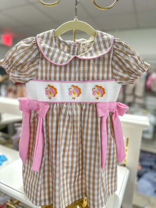 Fall Thanksgiving Lapel Plaid Chick Embroidery Smocking Bow Dress - Everyday EDEN Boutique & Gifts