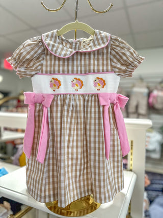Fall Thanksgiving Lapel Plaid Chick Embroidery Smocking Bow Dress - Everyday EDEN Boutique & Gifts