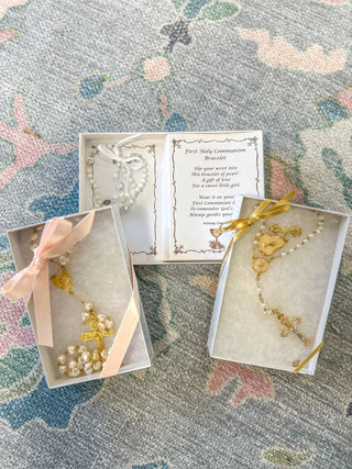 First Communion Heart Shape Pearl Rosary W/ Gold Cross - Everyday EDEN Boutique & Gifts