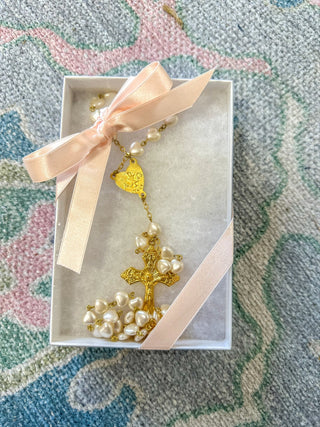 First Communion Heart Shape Pearl Rosary W/ Gold Cross - Everyday EDEN Boutique & Gifts