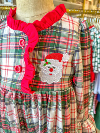 Girls Christmas Plaid Dress W/ Santa Applique & Ruffle - Everyday EDEN Boutique & Gifts