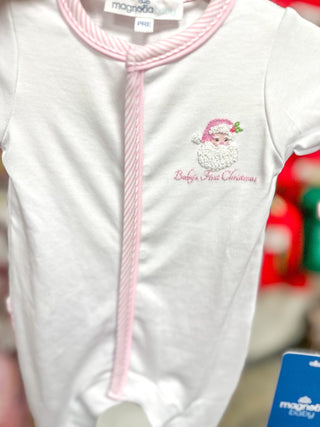Girls Pink Santa Baby Embroidered Ruffle Footie - Everyday EDEN Boutique & Gifts