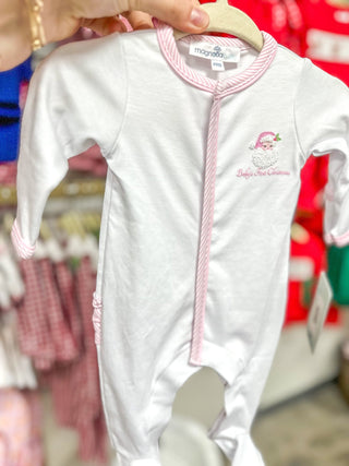 Girls Pink Santa Baby Embroidered Ruffle Footie - Everyday EDEN Boutique & Gifts