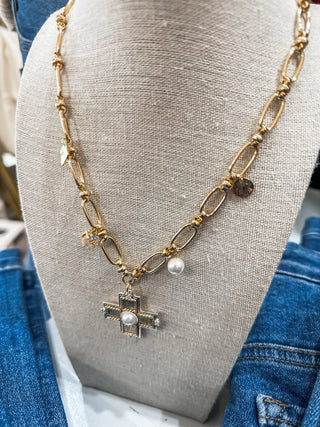 Gold Open Chain W/ Textured Cross & Pearl Charm Necklace - Everyday EDEN Boutique & Gifts