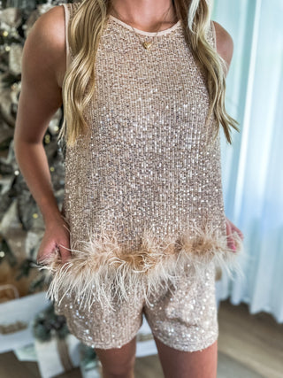 Golden Holiday Sparkle Feather Trim Top - Everyday EDEN Boutique & Gifts