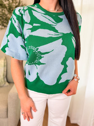 Green & Blue Spring Petal Short Sleeve Sweater - Everyday EDEN Boutique & Gifts
