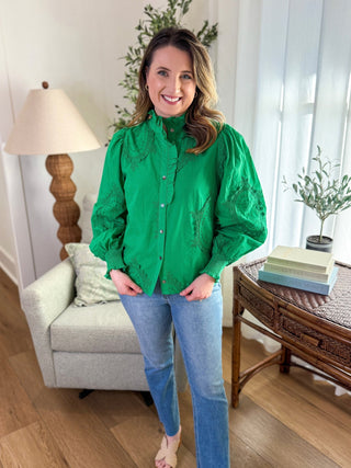 Green Lucky Lace Embroidered Button - Down Blouse - Everyday EDEN Boutique & Gifts