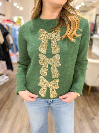 Green/Gold Bowtiful Christmas Glamour Long Sleeve Sweater - Everyday EDEN Boutique & Gifts
