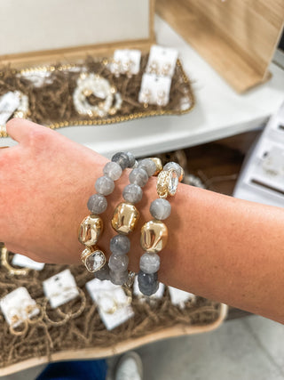 Grey Stone & Gold Set of 3 W/ Rhinestone Accents Stretch Bracelets - Everyday EDEN Boutique & Gifts