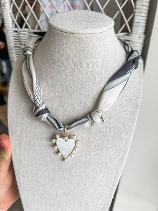 Grey & White Knotted Scarf W/ Pearlized Heart Charm Necklace - Everyday EDEN Boutique & Gifts
