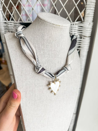 Grey & White Knotted Scarf W/ Pearlized Heart Charm Necklace - Everyday EDEN Boutique & Gifts