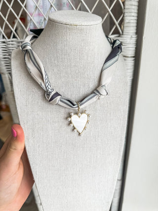 Grey & White Knotted Scarf W/ Pearlized Heart Charm Necklace - Everyday EDEN Boutique & Gifts