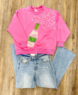 Hot Pink Sequin Champagne Spray Super Soft Sweatshirt - Everyday EDEN Boutique & Gifts