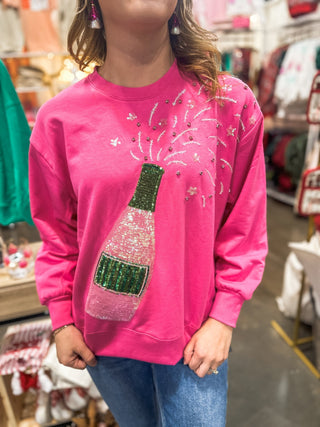Hot Pink Sequin Champagne Spray Super Soft Sweatshirt - Everyday EDEN Boutique & Gifts