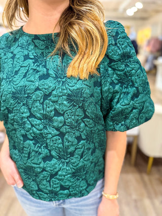Hunter Green Runway Rose Jacquard Blouse - Everyday EDEN Boutique & Gifts