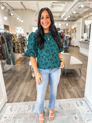 Hunter Green Runway Rose Jacquard Blouse - Everyday EDEN Boutique & Gifts