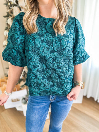 Hunter Green Runway Rose Jacquard Blouse - Everyday EDEN Boutique & Gifts