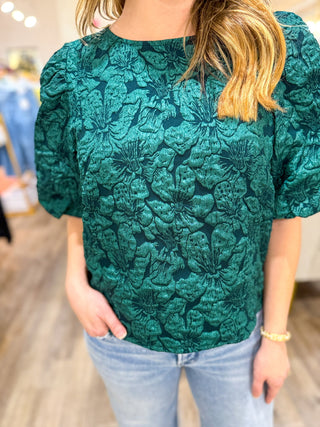 Hunter Green Runway Rose Jacquard Blouse - Everyday EDEN Boutique & Gifts