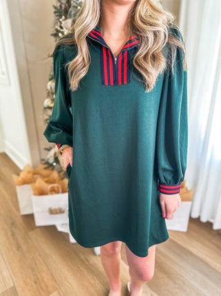 Hunter Green Varsity Spirit Zip Long Sleeve Dress - Everyday EDEN Boutique & Gifts