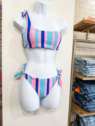 Pink And Blue Striped One Shoulder Swimsuit