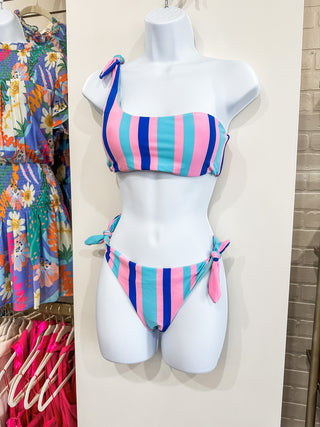 Pink And Blue Striped One Shoulder Swimsuit