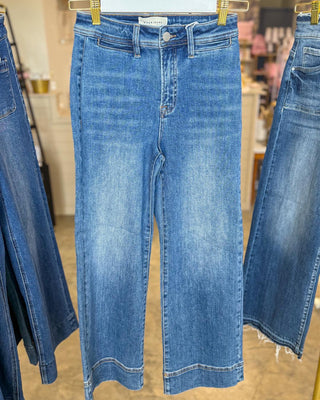 Selena Stretchy Medium Wash High Rise Crop Wide Leg Denim