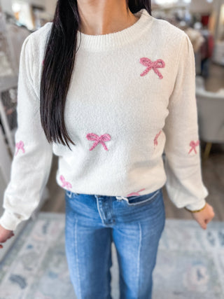 Ivory/Pink Sweetest Thing Bow Sweater - Everyday EDEN Boutique & Gifts