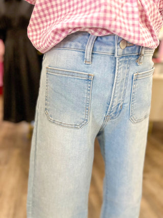 Julia Light Denim Mini Patch Pocket Flare Leg Jeans - Everyday EDEN Boutique & Gifts