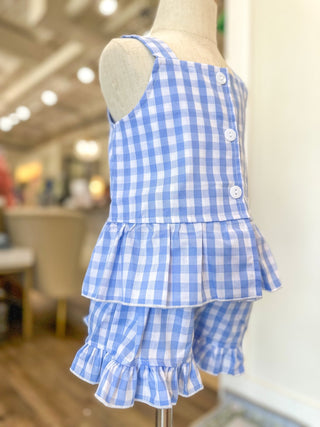 Kids BLUE Check Gingham Ruffle Button Short Set - Everyday EDEN Boutique & Gifts